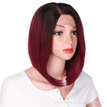 Vigorous Burgundy Lace Front Wigs Synthetic Short Bob Wig Black Root to Red Ombre Wig with Deep Side Parting Heat Resistant
